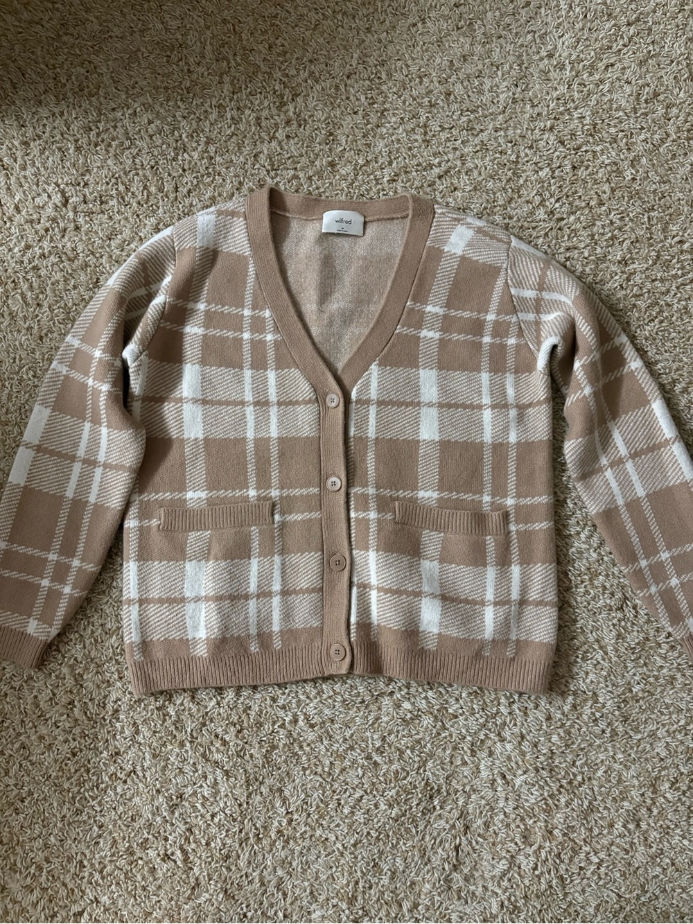 Wilfred Beige and White Plaid V-Neck Cardigan